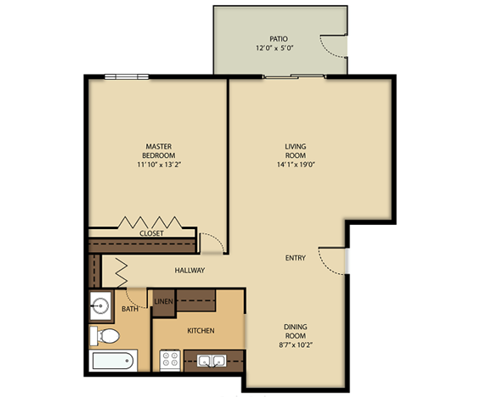A floor plan of a house with a master bedroom, living room, dining room, kitchen, bathroom, and closet.
